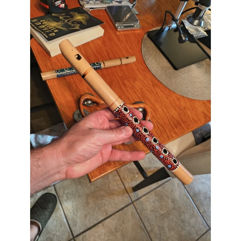 Handmade Teak Wood Tambourine And Two Wood Flutes Possibly Bamboo